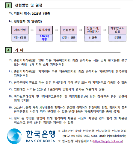 2024년도 한국은행 신입직원(종합기획직원 G5) 채용 안내(잠정)