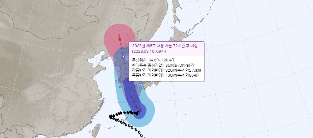 특히 기상청에 따르면 이후 10일 정도 낮에 부산쪽으로 국내 상륙한 뒤 대구 북쪽 50km지점까지 올라올 것으로 예측되었는데요, 대구 북쪽에 이를때 까지 강도가 중을 유지하면서 전국은 강풍반경에 들것으로 예측되었습니다.