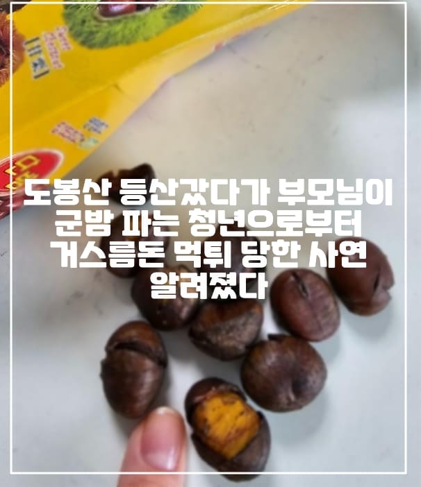 ㄹ도봉산 등산 갔다가 군밤 파는 청년에게 거스름동 4만원 먹튀 당한 사연 알려졌다. (+해당 글 링크, 군밤 사진, 보배드림 등산 군밤 사기, 도봉산 군밤 청년, 도봉산 군밤 사기, 군밤 거스름돈 4만원 먹튀, 등산다니시는 분들 있으면 조심하시라고 올립니다, 아들같아서 군밤 샀더니, 군밤 파는 청년 사기)