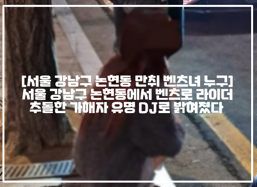 [서울 강남구 논현동 만취 벤츠녀 누구] 서울 강남구 논현동에서 벤츠로 라이더 추돌한 가해자 유명 DJ로 밝혀졌다 (+DJ예송, 가해자 사진, DJ 예송, DJ 예송 프로필, 카라큘라 논형동 만취 벤츠녀, 카라큘라 공개수배, CCTV 사진, 가해자 현장 사진, 현장 사건 사진, 사건 정리, 서울 논현동 만취 벤츠녀, 강남 만취 벤츠녀, 벤츠녀 오토바이 사망사고, 벤츠 만취 음주운전, 강남 벤츠 음주운전 사망사고)